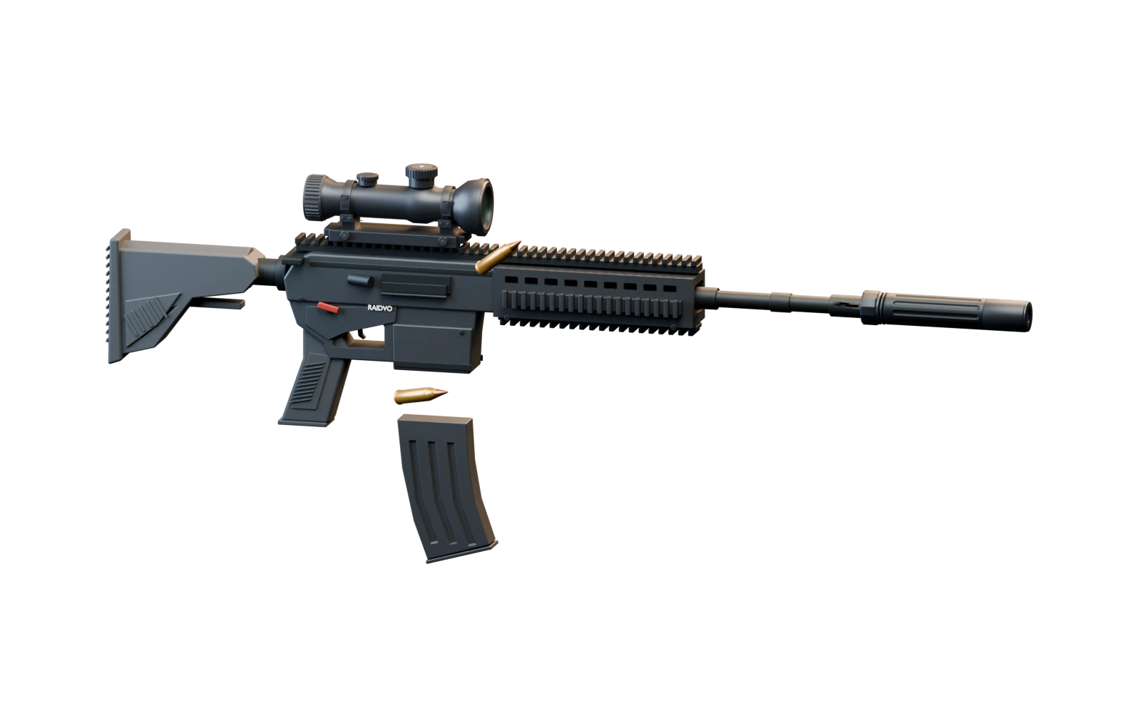 Vanguard-56 with compact 4x Marksman scope, AR suppressor, separated magazine and two decorative cartridges